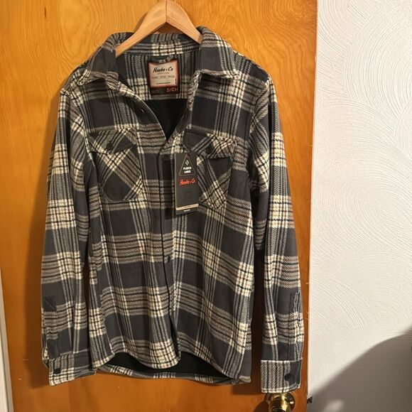 Fleece Shirt Jacket Mens Small Fleece Sherpa Lined Gray Plaid Hawke & Co - Picture 1 of 2